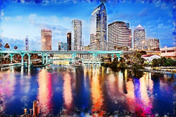 Tampa Florida watercolor, Tampa skyline watercolor, Tampa canvas watercolorTampa art, Tampa Bay skyline canvas Tampa Florida