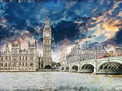 Parliament in London watercolor on canvas, London watercolor.  London City skyline, Large London Print, London watercolor, art