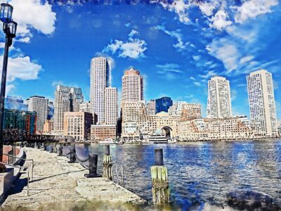 Boston Skyline Harbor watercolor Canvas, Boston watercolor canvas  Boston  harbor watercplor Art Print, Boston print, Boston photo, wall art