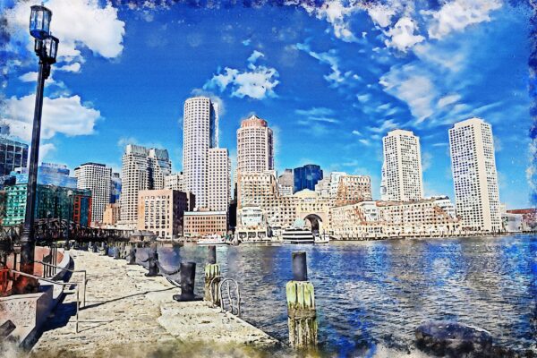 Boston Skyline Harbor watercolor Canvas, Boston watercolor canvas  Boston  harbor watercplor Art Print, Boston print, Boston photo, wall art