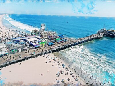 Santa Monica watercolor Californina , Santa Monica watercolor wall canvas,  California watercolor photo, Ferris Wheel wall art