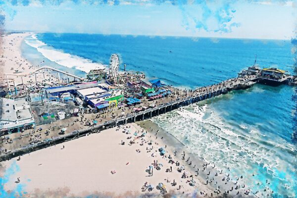 Santa Monica watercolor Californina , Santa Monica watercolor wall canvas,  California watercolor photo, Ferris Wheel wall art
