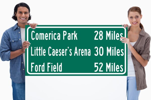 Ford Field/ Comerica Park/Little Caesars | Detroit Lions/ Detroit Red Wings/ Detroit Tigers| Detroit Pistons Distance Sign | Highway Sign