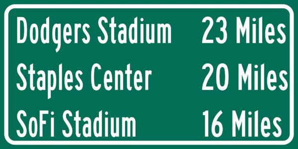 Dodger Stadium/ Sofi Stadium/Staples Center | Los Angeles Dodgers/ LA Rams| Los Angeles Lakers Distance Sign | Highway Sign