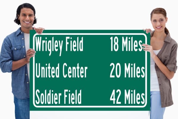 Soldier Field/ United Center/Wrigley Field |Chicago Cubs/ Chicago Bulls| Chicago Blackhawks Distance Sign | Highway Sign