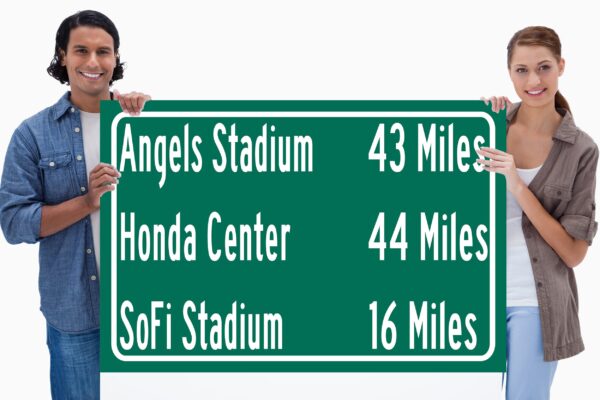 Angels Stadium/ Sofi Stadium/Honda Center | Los Angeles Angels/ San Jose Sharks| Los Angeles Lakers Distance Sign | Highway Sign