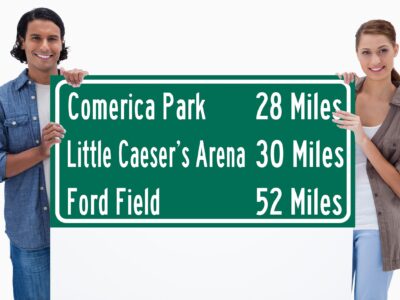 Ford Field  Comerica Park | Little Caesars Arena  | Detroit Lions |Detroit Tigers| Distance Sign | Mileage Sign| Highway | Highway Sign