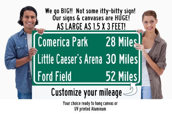 Ford Field  Comerica Park | Little Caesars Arena  | Detroit Lions |Detroit Tigers| Distance Sign | Mileage Sign| Highway | Highway Sign