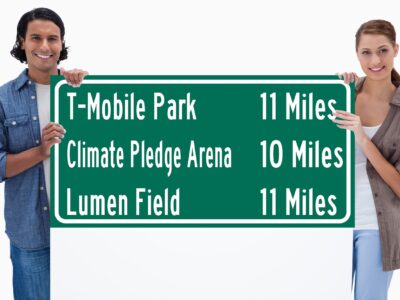 Lumen Field | T-Mobile Park | Climate Pledge Arena | Seattle Seahawks, Seattle Mariners| Distance Sign | Mileage Sign| Highway | Highway