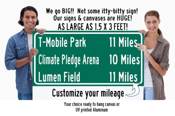 Lumen Field | T-Mobile Park | Climate Pledge Arena | Seattle Seahawks, Seattle Mariners| Distance Sign | Mileage Sign| Highway | Highway