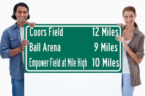 Coors Field | Empower Field at Mile High | Ball arena | Denver Broncos, Colorado Rockies| Distance Sign | Mileage Sign | Highway Sign