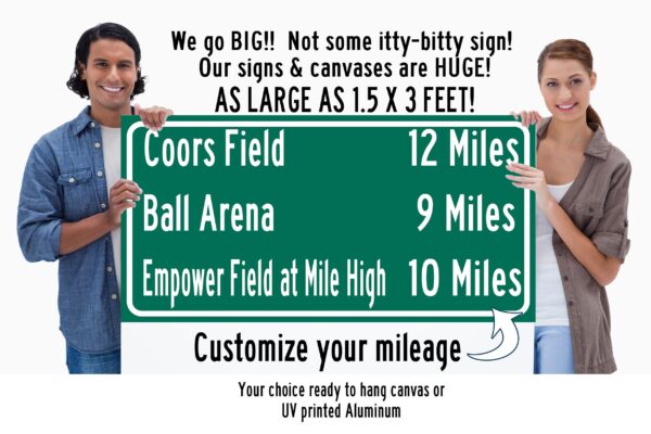 Coors Field | Empower Field at Mile High | Ball arena | Denver Broncos, Colorado Rockies| Distance Sign | Mileage Sign | Highway Sign