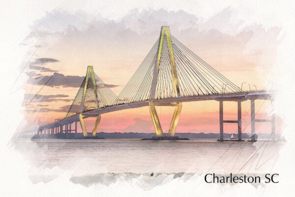 Arthur Ravenel Bridge watercolor Charleston SC skyline canvas, Charleston sketch watercolor Canvas,Charleston wall canvas, Mount Pleasant SC