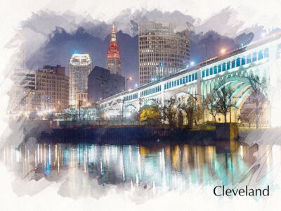 Cleveland watercolor skyline, Cleveland Sketch watercolor Canvas, Cleveland skyline, Cleveland Ohio,  Cleveland wall art, Cleveland watercol