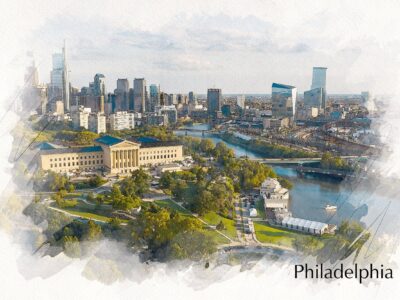 Philadelphia Pensylvania sketch watercolor canvas, Philadelphia watercolor skyline and Schuykill River, Watercolor, Philly watercolor
