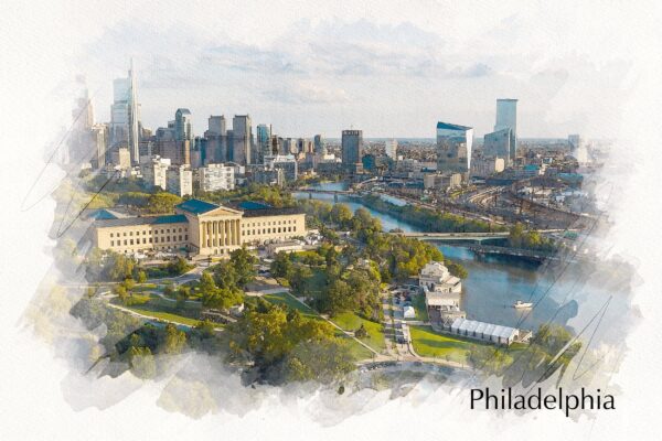 Philadelphia Pensylvania sketch watercolor canvas, Philadelphia watercolor skyline and Schuykill River, Watercolor, Philly watercolor