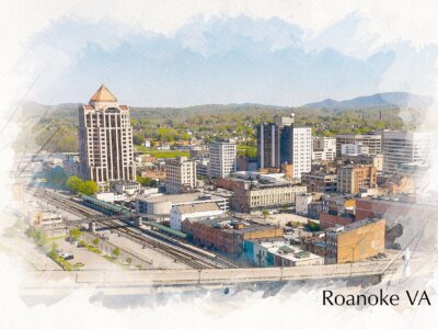 Roanoke Virginia sketch watercolor skyline canvas, Roanoke watercolor Canvas Wall Art, Roanoke Virginia wall art canvas, Roanoke canvas art