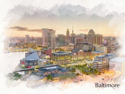 Baltimore Inner Harbor sketch watercolor canvas, Baltimore watercolor,  Baltimore wall canvas, Inner Harbor watercolor, Baltimore watercolor