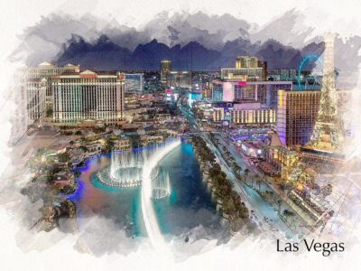 Las Vegas watercolor skyline, Las Vegas skyline print, Wall canvas, Sketch Watercolor print Las Vegas at night photo, Las Vegas art print