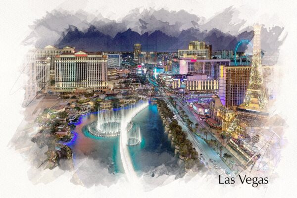 Las Vegas watercolor skyline, Las Vegas skyline print, Wall canvas, Sketch Watercolor print Las Vegas at night photo, Las Vegas art print