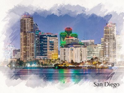 San Diego California watercolor skyline canvas, San Diego watercolor San Diego art, San Diego photo, San Diego wall art, Sketch watercolor