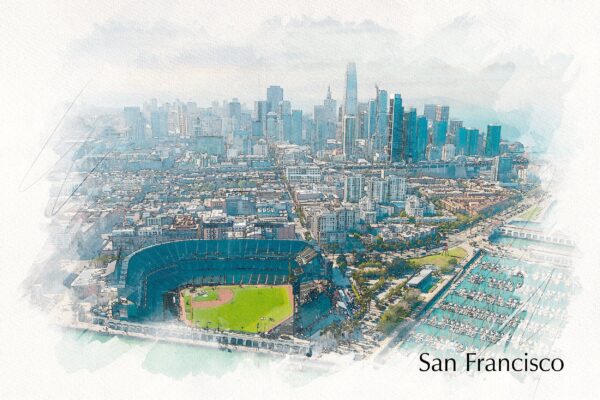 San Francisco skyline sketch watercolor, Oracle Park Canvas, San Francisco watercolor print, California wall art , San Francisco wall art, Pro