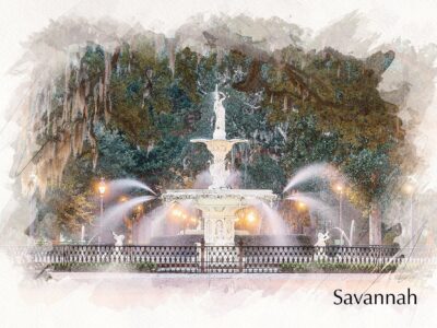 Savannah Georgia watercolor skyline canvas, Savannah Canvas,  Savannah wall canvas, Forsyth Park, Savannah watercolor waterfront
