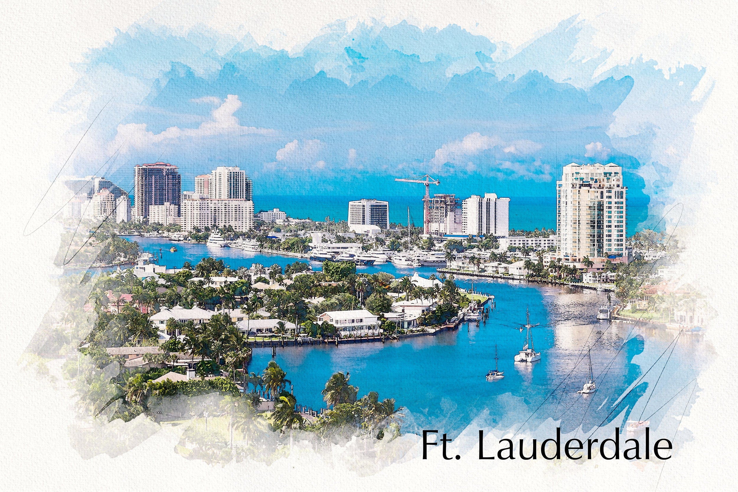 Fort Lauderdale watercolor skyline canvas, Fort Lauderdale Canvas, Fort Lauderdale watercolor, Florida, wall art , Fort Lauderdale wall art,