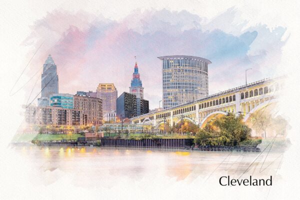 Cleveland watercolor skyline, Cleveland Sketch watercolor Canvas, Cleveland skyline, Cleveland Ohio,  Cleveland wall art, Cleveland watercol