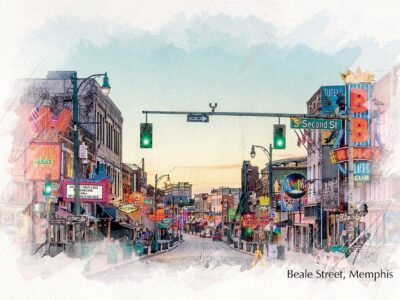Memphis Tennessee Sketch watercolor Beale Street Memphis watercolor Canvas,  Memphis Beale Street watercolor wall canvas, Memphis wall art