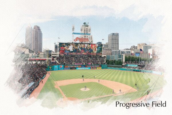 Progressive Field Printed sketch watercolor on Canvas, Large Cleveland Indians Print, Cleveland wall art, Guardians , Cleveland watercolor
