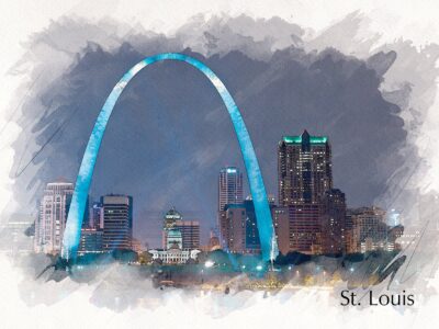 St Louis sketch watercolor Skyline, St Louis Missouri watercolor, St Louis skyline  St Louis Arch wall art, St Louis decor, Missouri canvas