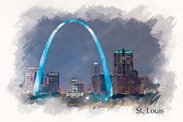 St Louis sketch watercolor Skyline, St Louis Missouri watercolor, St Louis skyline  St Louis Arch wall art, St Louis decor, Missouri canvas