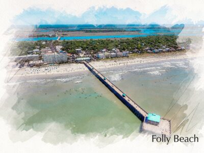 Folly beach SC watercolor canvas, Folly Beach wall art Canvas, South Carolina photo wall art print, Folly Beach watercolor from air