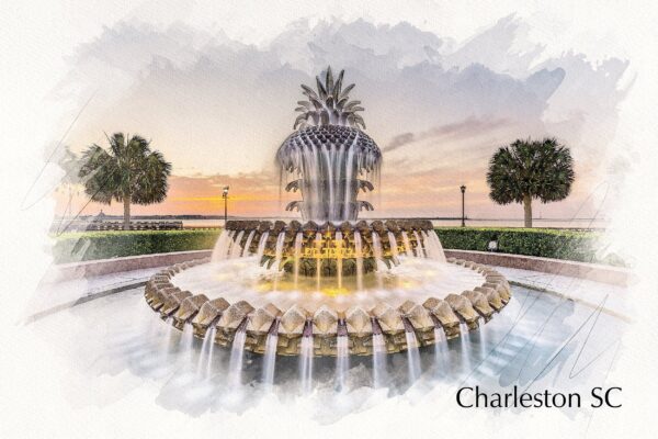 Charleston SC Pineapple watercolor on canvas, Charleston watercolor canvas, Charleston photo wall art print, Charleston  watercolor