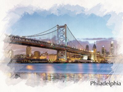 Philadelphia Pensylvania sketch watercolor canvas, Philadelphia watercolor skyline and Schuykill River, Watercolor, Philly watercolor