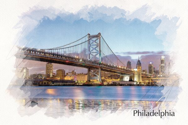 Philadelphia Pensylvania sketch watercolor canvas, Philadelphia watercolor skyline and Schuykill River, Watercolor, Philly watercolor