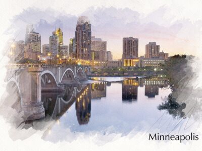 Minneapolis at night sketch watercolor on Canvas, Minneapolis Minnesota City skyline,  Minneapolis watercolor, Minneapolis watercolor Canvas