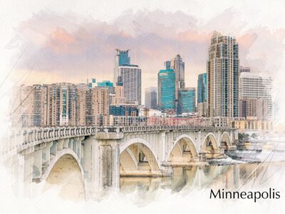 Minneapolis sketch watercolor on Canvas, Minneapolis Minnesota City skyline,  Minneapolis watercolor, Minneapolis watercolor Canvas