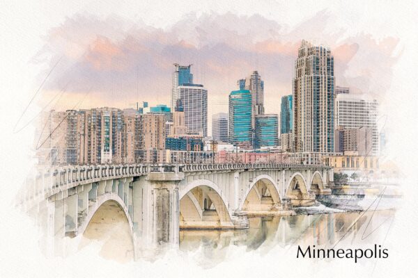 Minneapolis sketch watercolor on Canvas, Minneapolis Minnesota City skyline,  Minneapolis watercolor, Minneapolis watercolor Canvas
