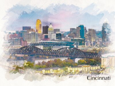 Cincinnati watercolor canvas skyline, Cincinnati Canvas, Cincinnati sketch watercolor skyline, Cincinnati Wall canvas wall art