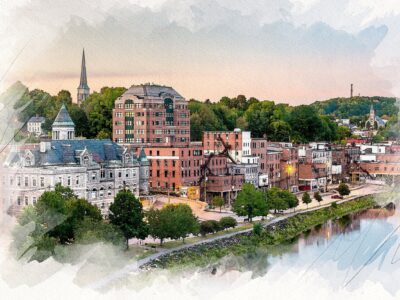 Augusta Maine watercolor canvas, Augusta Maine Canvas Print, Augusta Maine watercolor, Canvas Wall Art, Augusta Skyline,Maine wall art