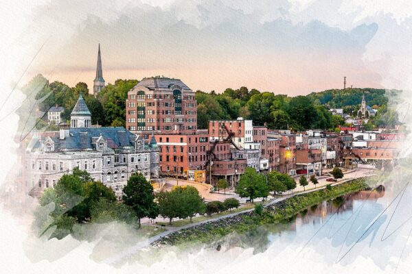 Augusta Maine watercolor canvas, Augusta Maine Canvas Print, Augusta Maine watercolor, Canvas Wall Art, Augusta Skyline,Maine wall art