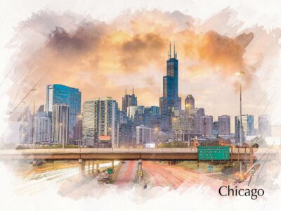 Chicago watercolor skyline, Chicago Canvas, Chicago canvas skyline, Chicago watercolor skyline Wall canvas, Windy city wall art Chicago art,