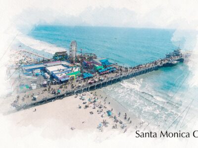 Santa Monica watercolor Californina , Santa Monica watercolor wall canvas,  California watercolor photo, Ferris Wheel wall art