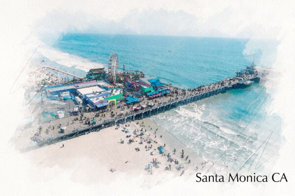 Santa Monica watercolor Californina , Santa Monica watercolor wall canvas,  California watercolor photo, Ferris Wheel wall art