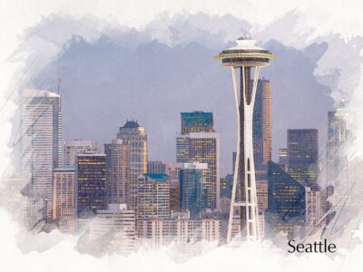 Seattle skyline watercolor canvas, Seattle Canvas, Seattle sketch watercolor skyline, Seattle Wall canvas, Watercolor Seattle Washington