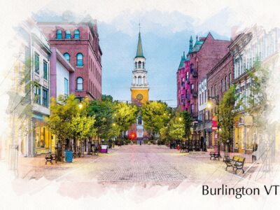 Burlington Vermont watercolor canvas, Vermont sketch watercolor, Burlington Vermont  Wall Art,  Lake Champlain wall art, New England street