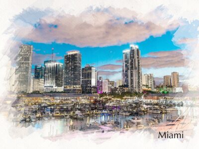Miami watercolor Skyline, Miami watercolor Canvas, Wall canvas, ,Miami Water Color Canvas Art Print, Miami Beach large canvas