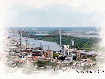 Savannah Georgia watercolor skyline canvas, Savannah Canvas,  Savannah wall canvas, River street, Savannah watercolor waterfront